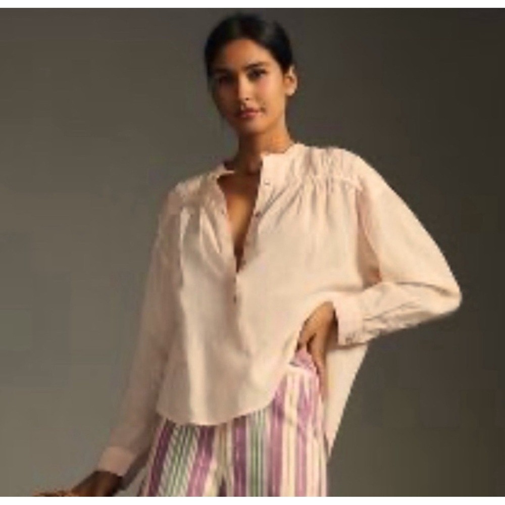 Anthropologie Pilcro Henley Womens Medium Boxy Boho Blouse Peach Cotton Blend - Picture 1 of 11